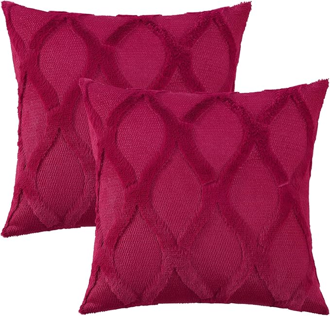 decorUhome Spring Euro Sham Throw Pillow Covers 24x24 Inch Set of 2, Soft Plush Faux Fur Wool Burgundy Couch Pillow Covers, Decorative Neutral Pillow Cases for Bed Sofa Living Room Home Decor