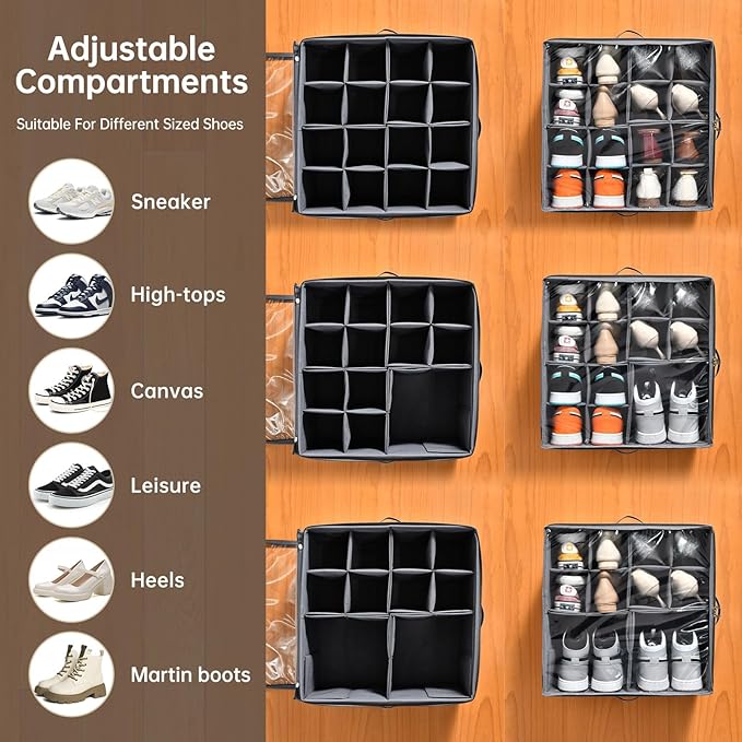 2 Pack Shoe Organizer for Closet,Fits up to 32 Pairs,Adjustable Dividers for Shoe Storage,Fabric Shoe Storage Bins with Clear Cover,Grey