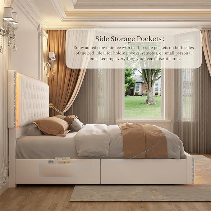 Full Led Bed Frame with 2 Drawers, Storage Platform Bed with Upholstered Crystal Button Tufted Headboard Footboard, 2 Side Pockets, No Box Spring Needed, PU White