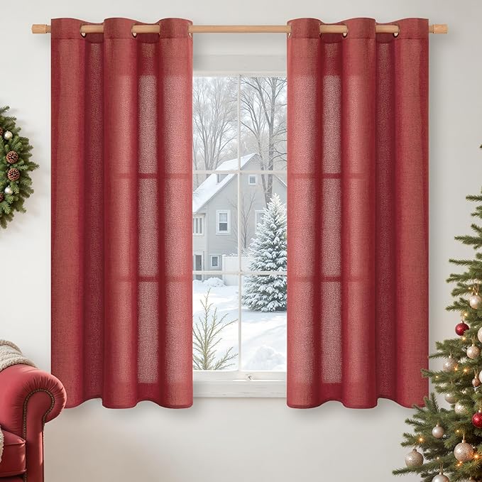 YoungsTex Red Linen Curtains 45 Inch Length, Short Light Filtering Drapes with Bronze Grommet Semi Sheer Privacy for Kitchen Living Room Window Lightweight, 42 x 45 Inch, 2 Panels