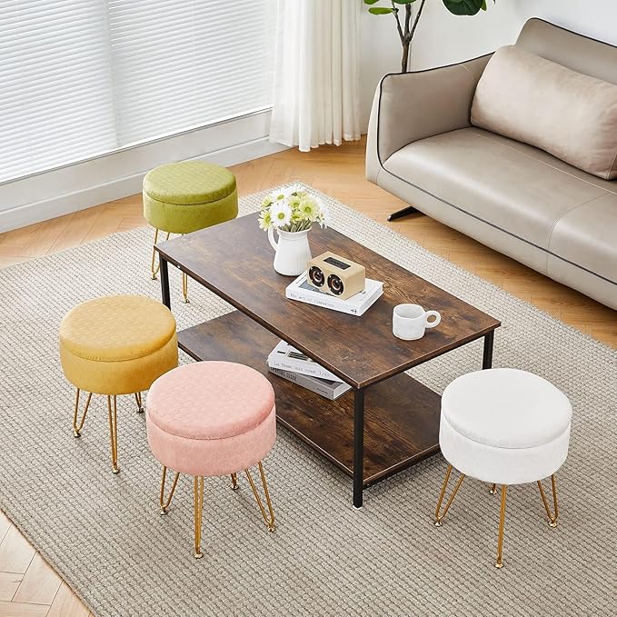 Cpintltr Velvet Ottoman Round Footrest Footstools with Storage Space Soft Vanity Chair with Memory Foam Seat Small Side Table Hallway Step Stool 4 Gold Metal Legs with Adjustable Footings Ginger