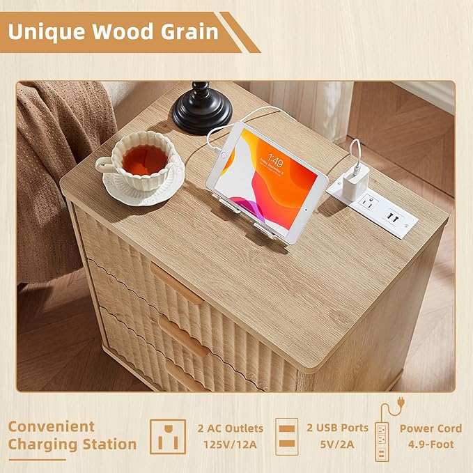 LEYAOYAO 42" Tall Fluted Dresser and 3 Drawers 23" Nightstand Set of 2, Wooden Dresser & Night Stand with Charging Station, 3 Piece Bedroom Furniture Set, Wood Chest of Drawer for Living Room,Natural