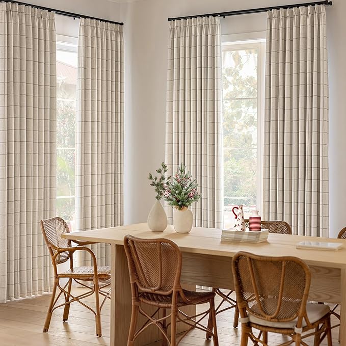 Plaid Pinch Pleated Curtains - Modern Luxury Linen Buffalo Blackout Drapes, Thermal Insulated Double Layer Window Panels for Living Room Bedroom, 102 Inches Long Brown 2 Panels Set