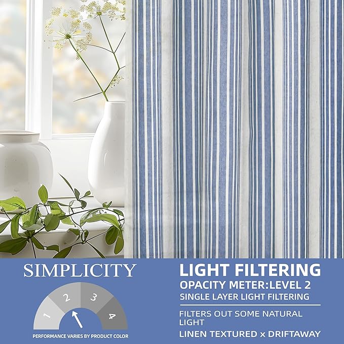 DriftAway Farmhouse Vertical Striped Linen Blend Textured Light Filtering Semi Sheer Curtains for Living Room Bedroom 63 Inches Long Drapes 2 Panels Broad Striped Jean Navy