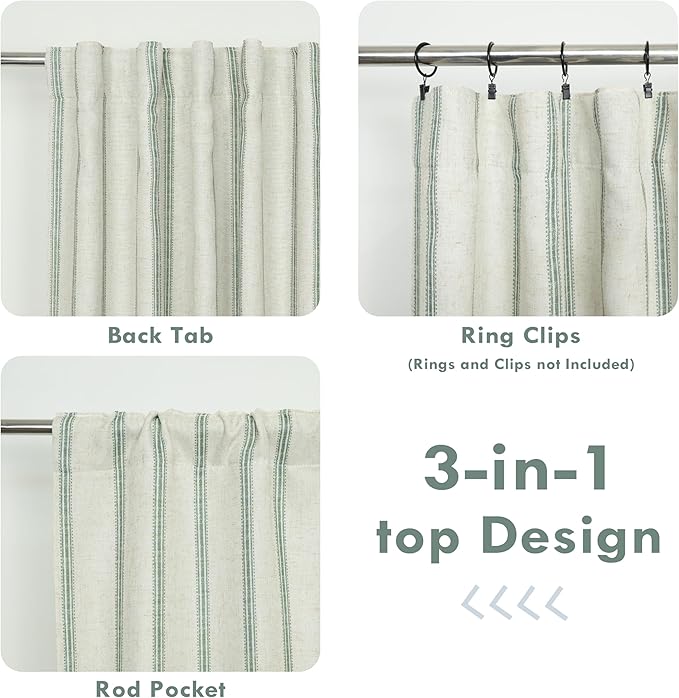 DriftAway Farmhouse Vertical Striped Linen Blend Textured Light Filtering Semi Sheer Curtains for Living Room Bedroom 96 Inches Long Drapes 2 Panels Linen Loden Green