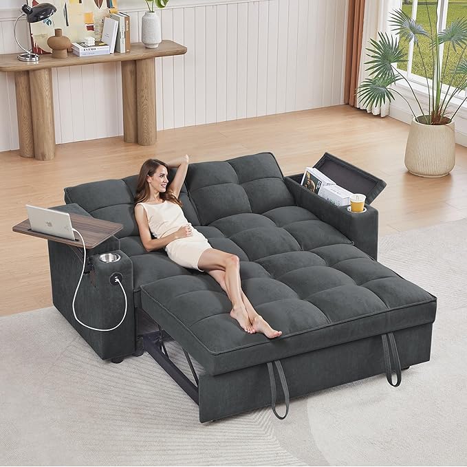 65'' Convertible Sleeper Sofa Bed with Adjustable Backrest, Chaise Lounge, Side Table & USB/Type-C Ports – Stylish & Functional Addition to Any Living Room (Fashion Pink)