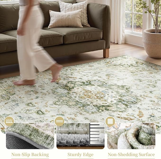 PADOOR 9X12 Area Rug,Rugs for Living Room,Soft Green Rugs for Bedroom,Machine Washable Rugs Non Slip Carpet,Rug for Dining Room Living Room Bedside Office