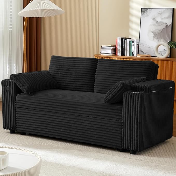 Convertible Corduroy Sofa Bed with USB Charging Port & Cup Holders, 68.11" Foldable Sleeper Chair with Armrests & Pillows, 3-in-1 Floor Futon for Living Room, Bedroom, Guest Room，Easy Assembly
