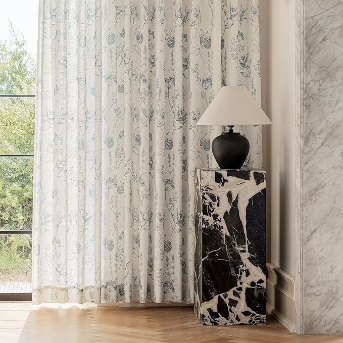 FMFUNCTEX Linen Curtains Floral Patterned Curtain for Bedroom Living Room, Blue Curtains 63 Inch Length Farmhouse, Light Filtering Beige Window Curtain Grommet Top 2 Panels Set