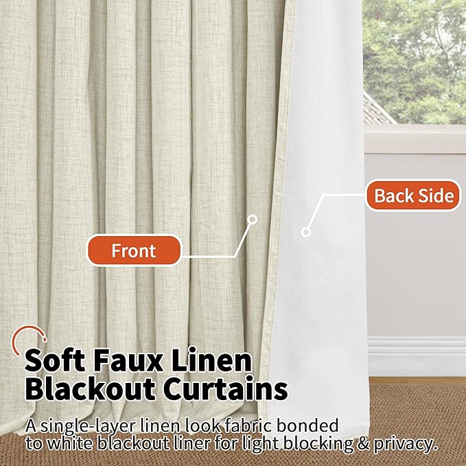 100% Blackout Curtains for Bedroom 63 Inch Length 2 Panels, Thermal Insulated Complete Light Blocking Noise Reducing Linen Window Curtains for Nursery, Bronze Grommet, Each 52" Wide, Natural