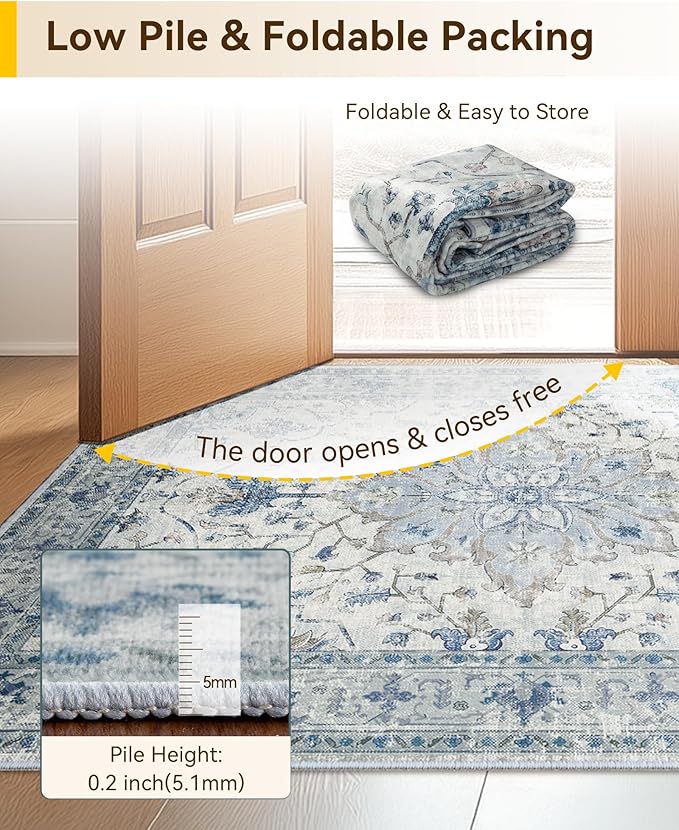 Area Rugs 2'x10' Washable Non-Slip, Floral Vintage Distress Print Pattern Medallion Carpet for Living Room Bedroom Dining Room, Light Blue Navy Beige Gray White