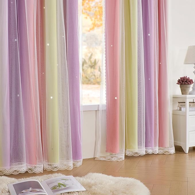 XiDi Curtains for Bedroom Decor, Rainbow Pink PurpleYellow52/54/1