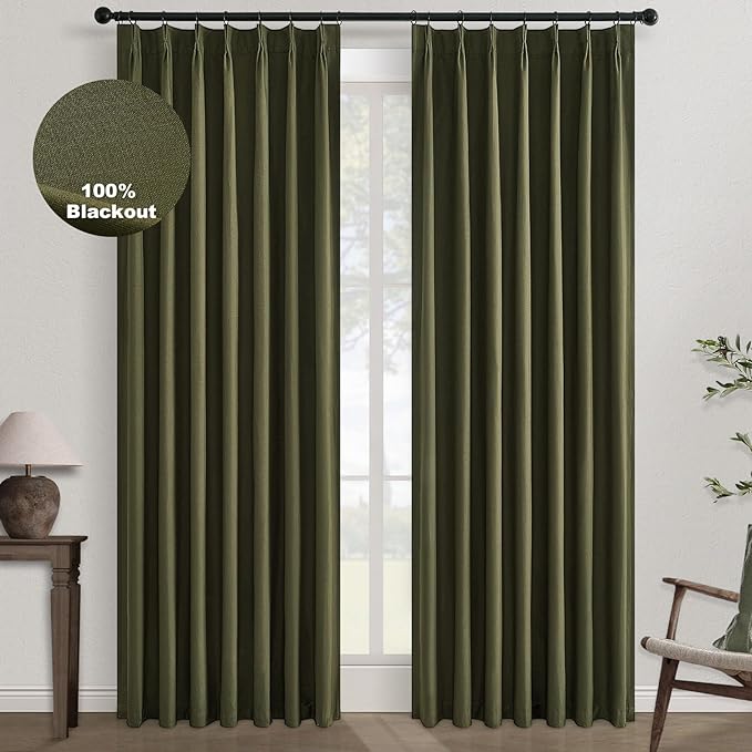 Topfinel Olive Green 100 Inch Long Black Out Custom Curtains, Double Pinch Pleated Window Coverings, Nursery Kids Summber Boho Farmhouse Heat Blocking Sound Block Back Tab Curtains for Sliding Door