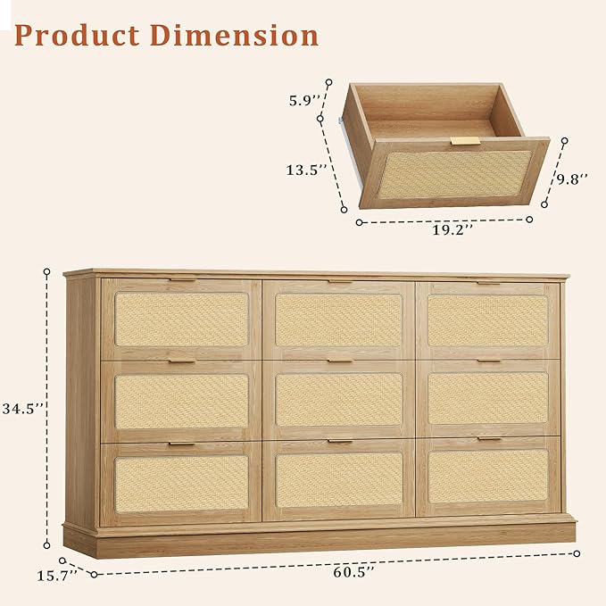 9 Drawer Dresser for Bedroom, 60 Inch Long Dressers & Rattan Chest of Drawers, Large TV Stand for 55, 65, 70 Inch TV, Boho Style, Modern Dresser for, Living Room, Entryway, Bedroom, Natural Oak