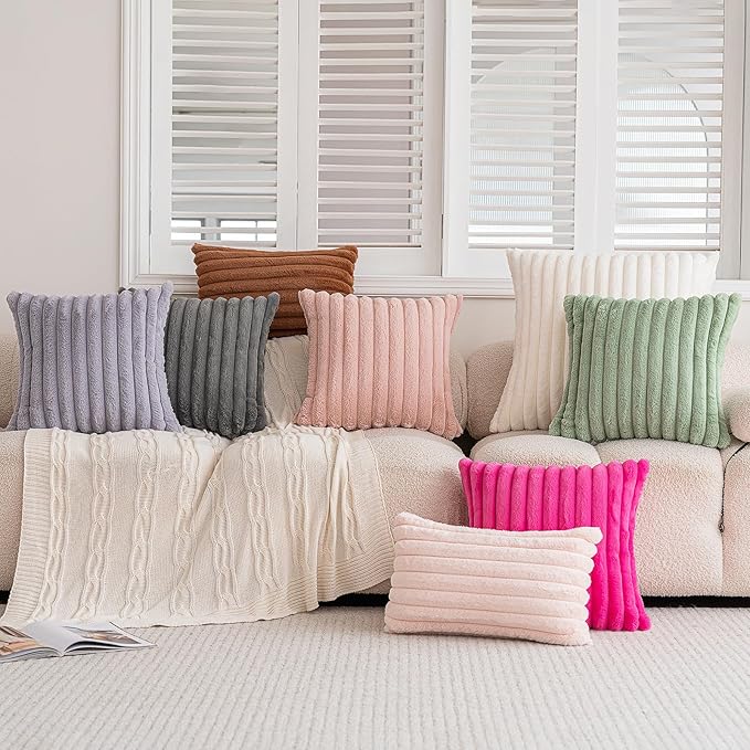 Double-Sided Faux Fur Plush Throw Pillow Covers 18x18 Set of 2 Fuzzy Striped Soft Cozy Pillowcase Luxury Decorative Pillows Square Shaggy Cushion Covers for Couch Sofa Bed,Light Grey