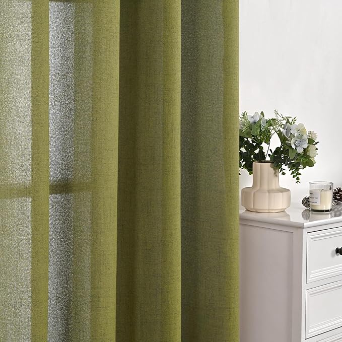 YoungsTex Olive Green Linen Curtains 84 Inches Length for Living Room Bronze Grommet Textured Drapes Privacy Light Filtering for Dining Room Bedroom Office, 52 x 84 Inch, 2 Panels