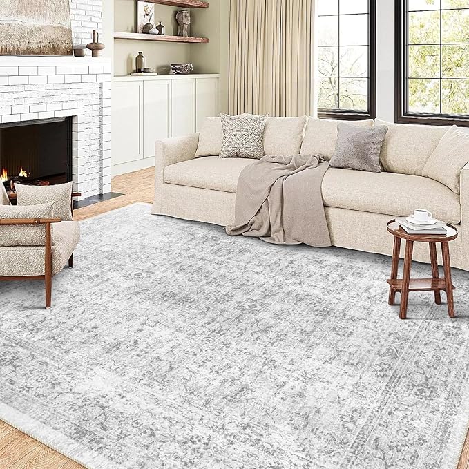 4x6 Rug, Small Area Rug for Living Room, Bedroom, Kitchen, Machine Washable Non-Slip Throw Rug, Vintage Distressed Floral Carpet for Entryway Nursery Dinner Room - Durable (Grey)