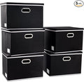 PRANDOM Foldable Storage Bin with Lid [5-Pack] Linen Fabric Decorative Storage Box Organizer Container Basket Cube with Handles Divider for Closet Office Living Room Black(14.9x9.8x9.8)
