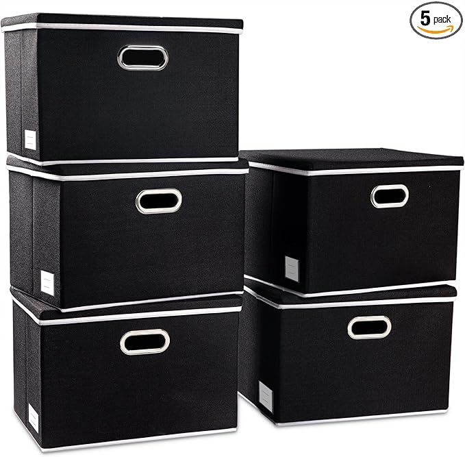 PRANDOM Foldable Storage Bin with Lid [5-Pack] Linen Fabric Decorative Storage Box Organizer Container Basket Cube with Handles Divider for Closet Office Living Room Black(14.9x9.8x9.8)