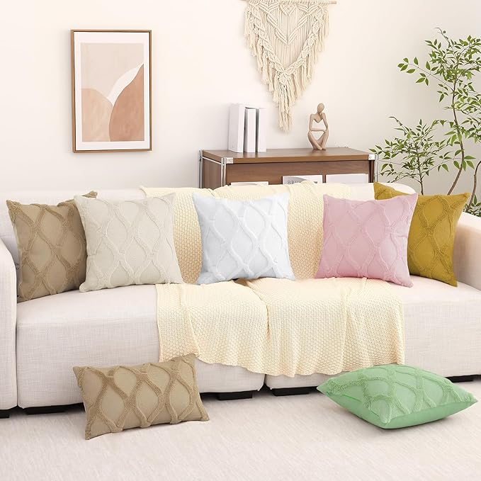 decorUhome Spring Throw Pillow Covers 18x18 Inch Set of 2, Soft Plush Faux Fur Wool Khaki Couch Pillow Covers, Decorative Neutral Pillow Cases for Bed Sofa Living Room Home Decor