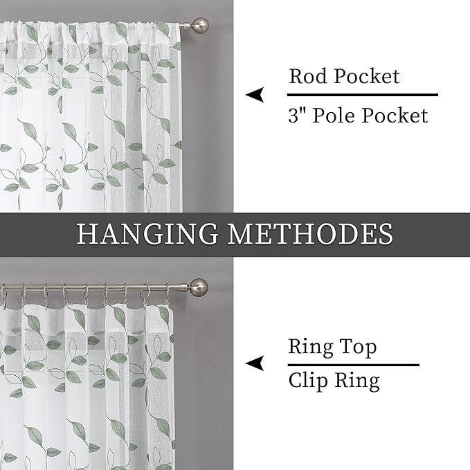 Tollpiz Sage Green Leaf Sheer Curtains Leaves Embroidered Bedroom Short Curtain Rod Pocket Voile Window Treatment for Living Room, 38 x 54 inches Long, Set of 2 Panels