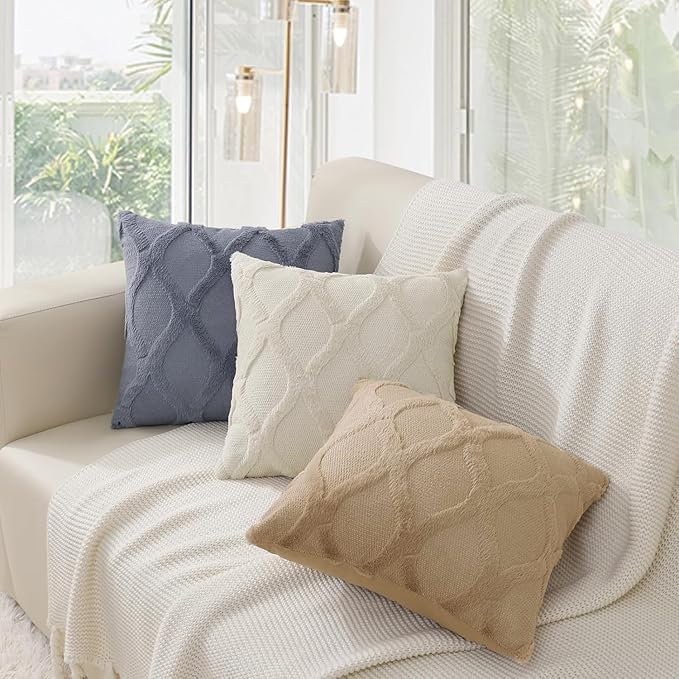 decorUhome Spring Euro Sham Throw Pillow Covers 22x22 Inch Set of 2, Soft Plush Faux Fur Wool Beige Couch Pillow Covers, Decorative Neutral Pillow Cases for Bed Sofa Living Room Home Decor