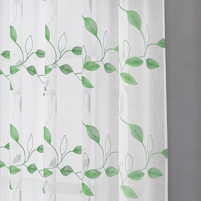 Tollpiz Green Leaf Sheer Curtain Leaves Embroidered Bedroom Short Curtains Rod Pocket Voile Window Treatments for Living Room, 38 x 45 inches Long, Set of 2 Panels