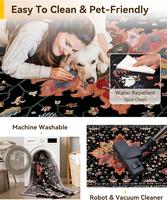 Area Rugs 2'x3' Washable Non-Slip, Floral Vintage Distress Print Pattern Medallion Carpet for Living Room Bedroom Dining Room, Black Colorful Floral Dark Tan