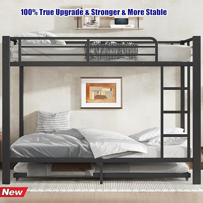 Upgraded & Stronger Heavy Duty Metal Full Over Full Bunk Bed with Trundle for Adults & Teens, Thickened More Stable Safer Bunkbeds (Greater Weight Capacity)