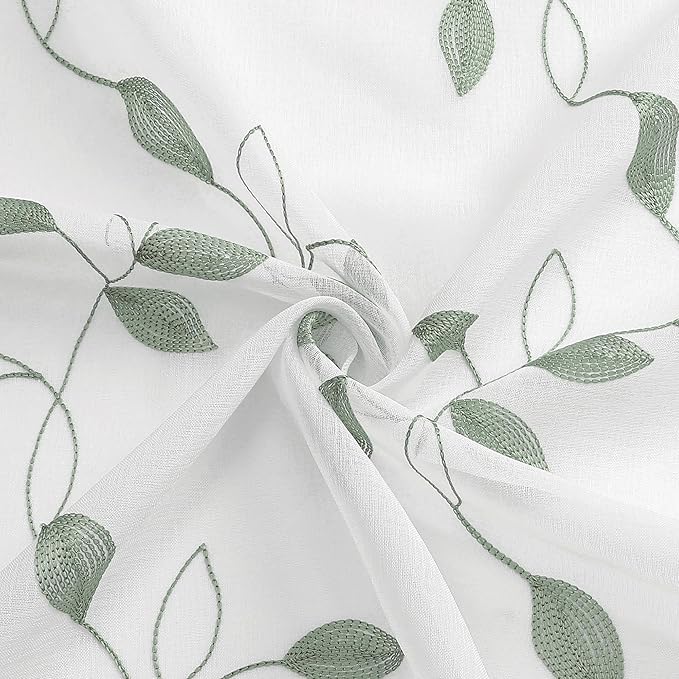 Tollpiz Sage Green Leaf Sheer Curtains Leaves Embroidered Living Room Short Curtain Rod Pocket Voile Window Treatments for Bedroom, 54 x 45 inches Long, Set of 2 Panels