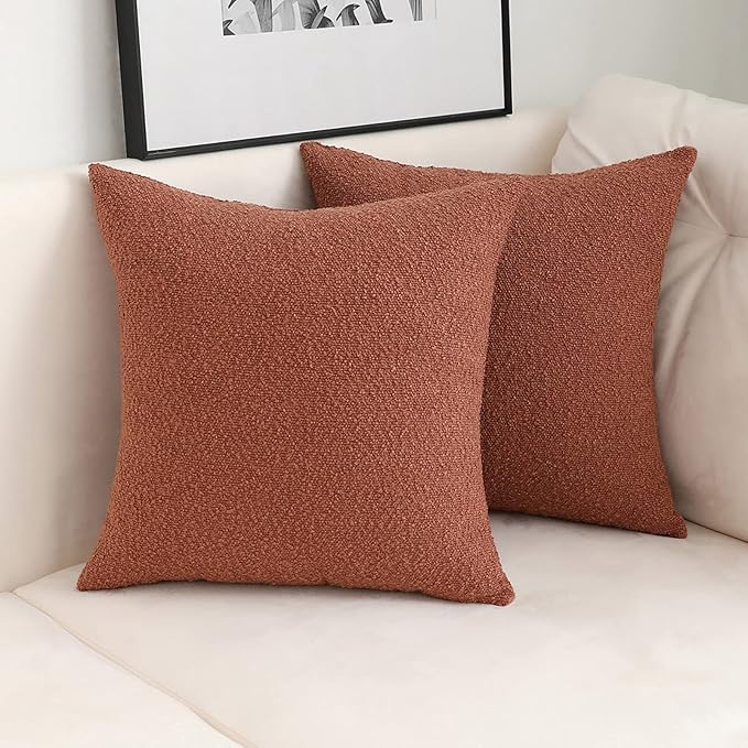 Jeneoo Ocher Decorative Square Thick Terracotta Throw Pillow Covers Fine Textured Boucle Couch Cushion Case for Sofa Home Decor, Set of 2, 18 x 18 Inch