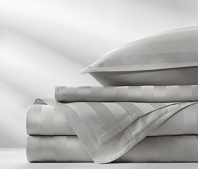 Pure Bamboo Split King Sheets, Genuine 100% Organic Viscose Derived from Bamboo Bed Sheet Set, Soft & Cooling, Double Stitching, 2 Fitted Sheets (Split King, Jacquard Silver)
