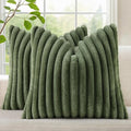 decorUhome Faux Fur Throw Pillow Covers 24x24 Set of 2, Decorative Soft Plush Striped Neutral Couch Euro Pillow Covers with Velvet Back for Sofa, Bed, Living Room Home Decor, Olive Green