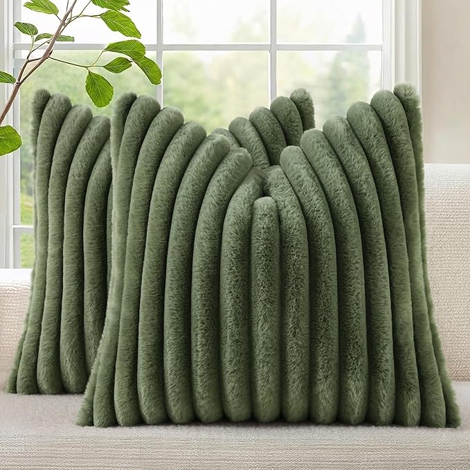 decorUhome Faux Fur Throw Pillow Covers 22x22 Set of 2, Decorative Soft Plush Striped Neutral Couch Euro Pillow Covers with Velvet Back for Sofa, Bed, Living Room Home Decor, Olive Green