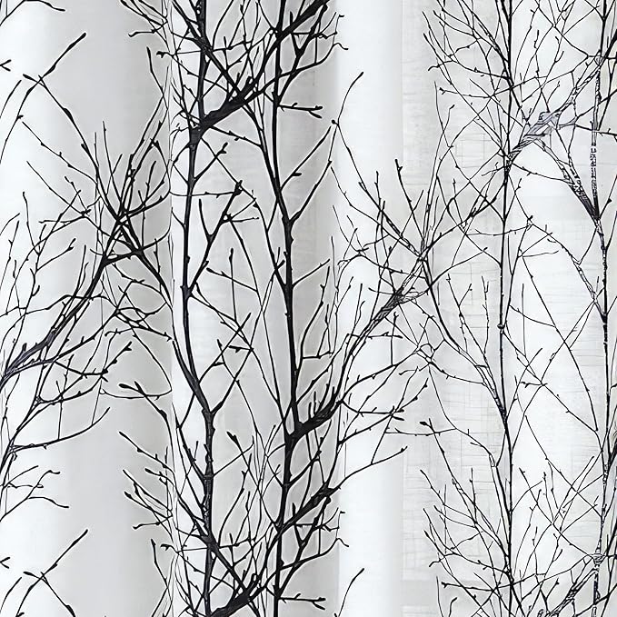 FMFUNCTEX Linen Semi Sheer Curtains for Bedroom, Black White Curtains 72 Inches Long for Living Room, Grey Tree Branch Patterned Curtain Light Filtering Farmhouse Window Drapes, Grommet Top 2 Panels