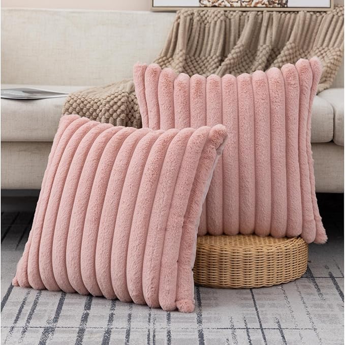 ZLINA Set of 2 Baby Pink Faux Fur Decorative Throw Pillow Covers Fluffy Striped Pillowcase Cushion Covers 26 x 26 Inch Decor Sofa Couch Bedroom