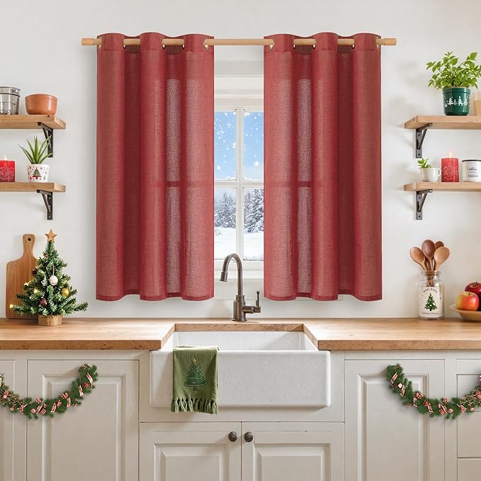 YoungsTex Red Linen Curtains 48 Inch Length for Living Room Window, Light Filtering Drapes with Bronze Grommet Privacy Semi Sheer for Kitchen Bedroom Window, 42 x 48 Inch, 2 Panels
