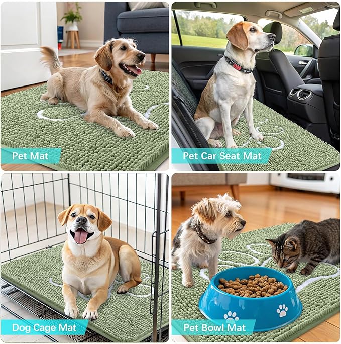 OLANLY Dog Door Mat for Muddy Paws 30x20, Paw Print Design, Absorbs Moisture and Dirt, Non-Slip Washable Doormat, Quick Dry Chenille Mud Mat for Dogs, Entry Indoor Entryway Carpet, Sage Green