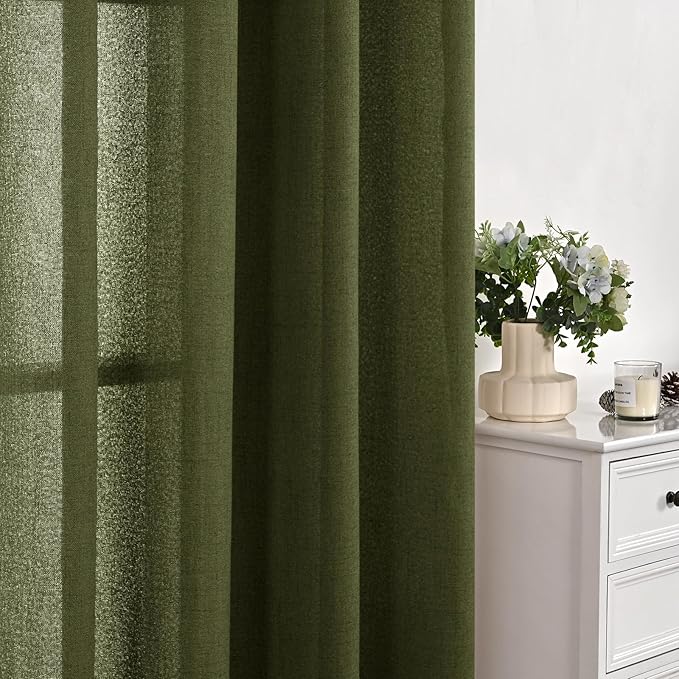 YoungsTex Olive Green Linen Curtains 63 Inch Length 2 Panels for Living Room, Semi Sheer Drapes Light Filtering with Bronze Grommet Textured Privacy for Office Bedroom, 52 X 63 Inch