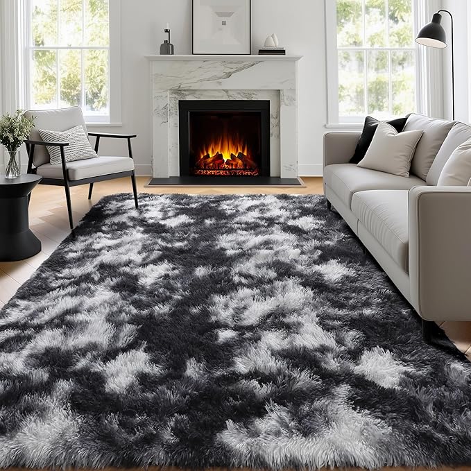 PAGISOFE Black White Grey Area Rugs for Living Room Bedroom Aesthetic, 8x10 Rug, Shag Fuzzy Fluffy Rug for Kids Room, Playroom, Classroom Dorm, Shaggy Soft Carpet, Plush Bedside Rugs, Modern Cool Rugs