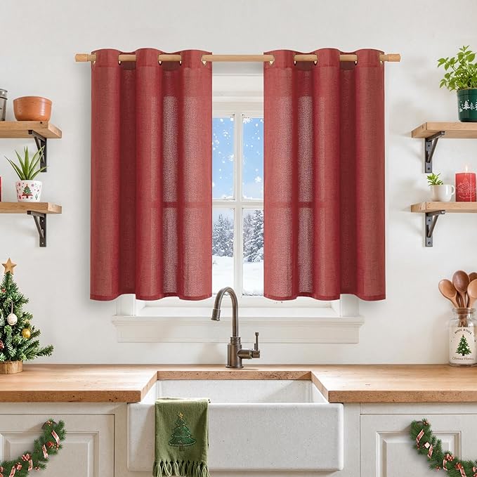 YoungsTex Red Linen Curtains 40 Inch Length for Kitchen Window, Short Light Filtering Drapes with Bronze Grommet Privacy Lightweight for Bathroom Window, 42 x 40 Inch, 2 Panels