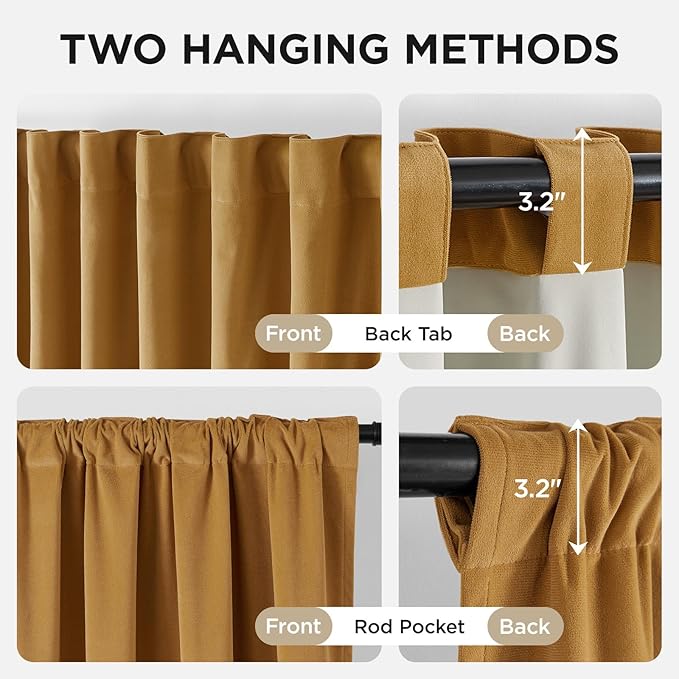 Joydeco Mustard Yellow 100% Blackout Curtains 108 Inch 2 Panels, Luxury Thermal Yellow Velvet Curtains for Bedroom Living Room, Soundproof Blackout Window Drapes, Rod Pocket & Back Tab (52W x 108L)