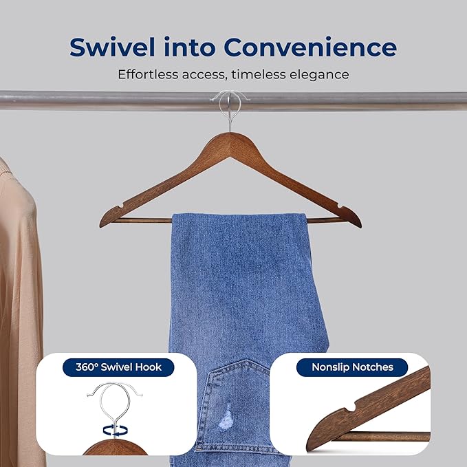 SereneLife 20-Pack Wooden Clothes Hangers – Vintage Finish Coat Hangers with 360° Chrome Swivel Hook, Non-Slip Notches, Pants Bar – Heavy Duty for Suits, Dresses, Jackets, and Shirts