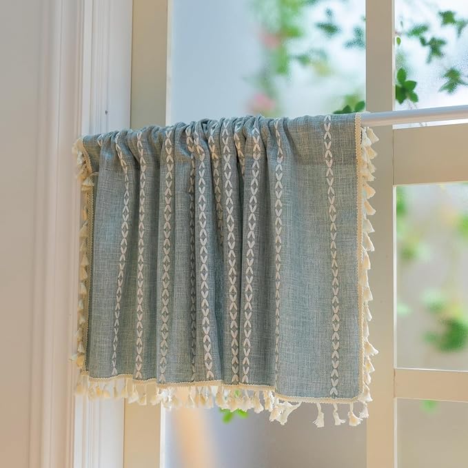 Sutuo Home Boho Linen Curtains Valance for Windows Tiers, Bohemian Short Curtains Light Filtering Country Vintage Tassels Window Treatment Long Stripes, Rod Pocket 1 Panel 52" W x 18" L, Greyish Blue