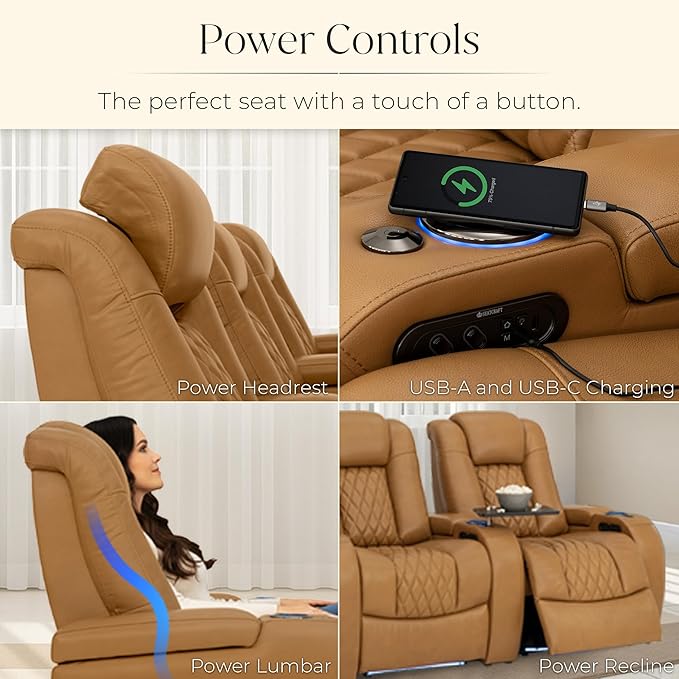 Seatcraft Diamante Zero-Gravity CoolZero Italian Leather Home Theater Seating, Power Headrest, Power Recline, Row of 5 Dual Loveseats, Tan Oak