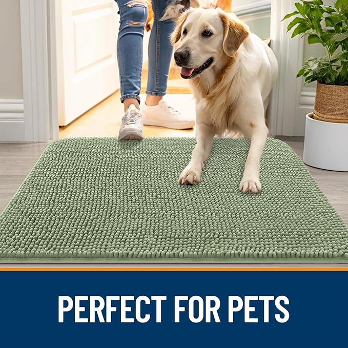OLANLY Dog Door Mat for Muddy Paws 40x24, Absorbs Moisture and Dirt, Absorbent Non-Slip Washable Doormat, Quick Dry Chenille Mud Mat for Dogs, Entry Indoor Entryway Carpet for Inside Floor, Sage Green