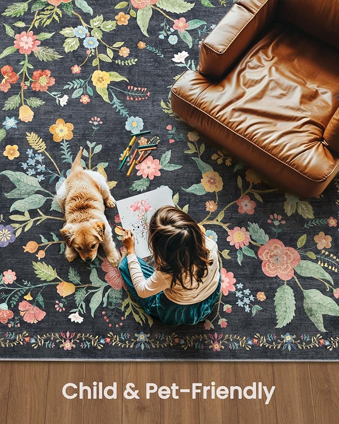Amada 2.6x8 Washable Runner Rug, Non-Slip & Low-Profile Kitchen Area Rug with Reinforced Edge Binding, Boho Floral Pattern, Soft Long Entryway Rugs for Bedroom & Hallway