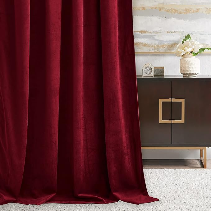 RYB HOME Red Velvet Curtains 92 inches, Back Tab Soft Fabric Room Darkening Thermal Insulated Luxurious Home Decor Curtains for Living Room Bedroom, W 52" x L 92", 2 Panels Set