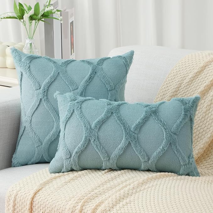 decorUhome Spring Throw Pillow Covers 16x16 Inch Set of 2, Soft Plush Faux Fur Wool Aqua Couch Pillow Covers, Decorative Neutral Pillow Cases for Bed Sofa Living Room Home Decor