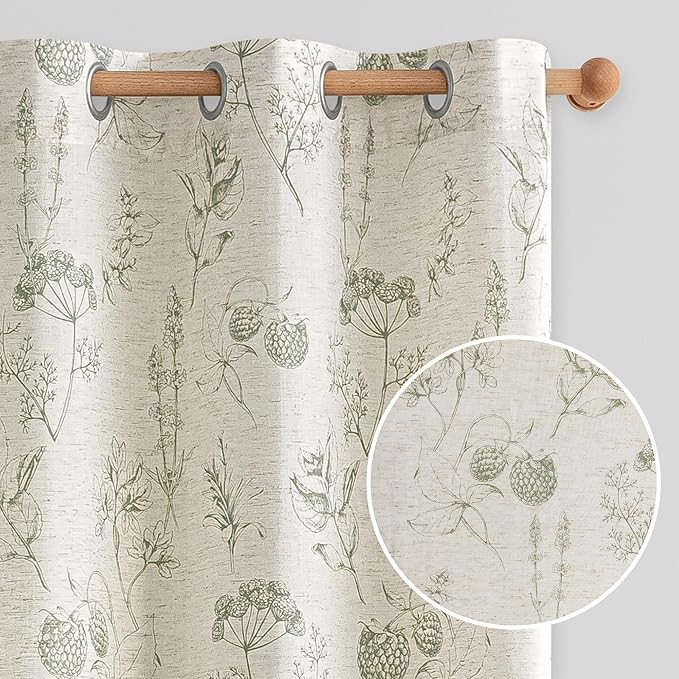 FMFUNCTEX Linen Curtains Floral Patterned Curtain for Bedroom Living Room, Sage Green Curtains 96 Inches Long Farmhouse, Light Filtering Beige Window Curtain Grommet Top 2 Panels Set
